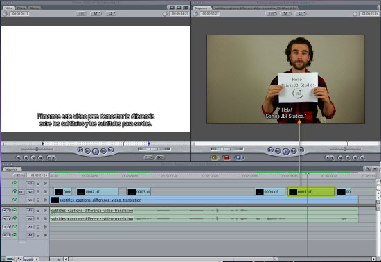 Editing timeline with subtitling added for burned-in delivery.